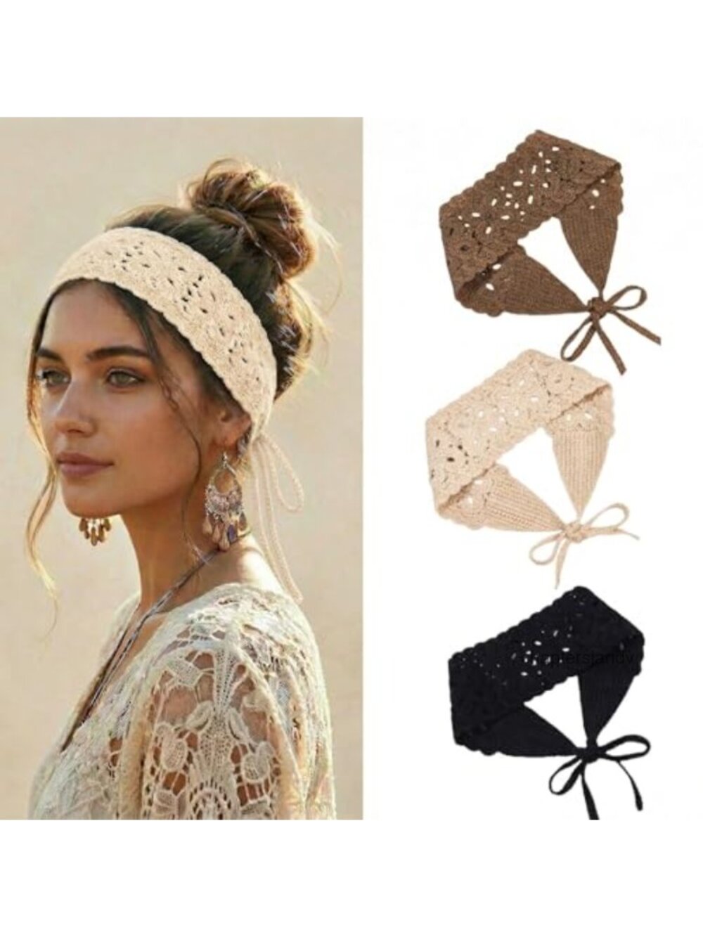 3 Pc Boho Knit Headbands Adjustable Tie Head Scarf Women Hair Accessories